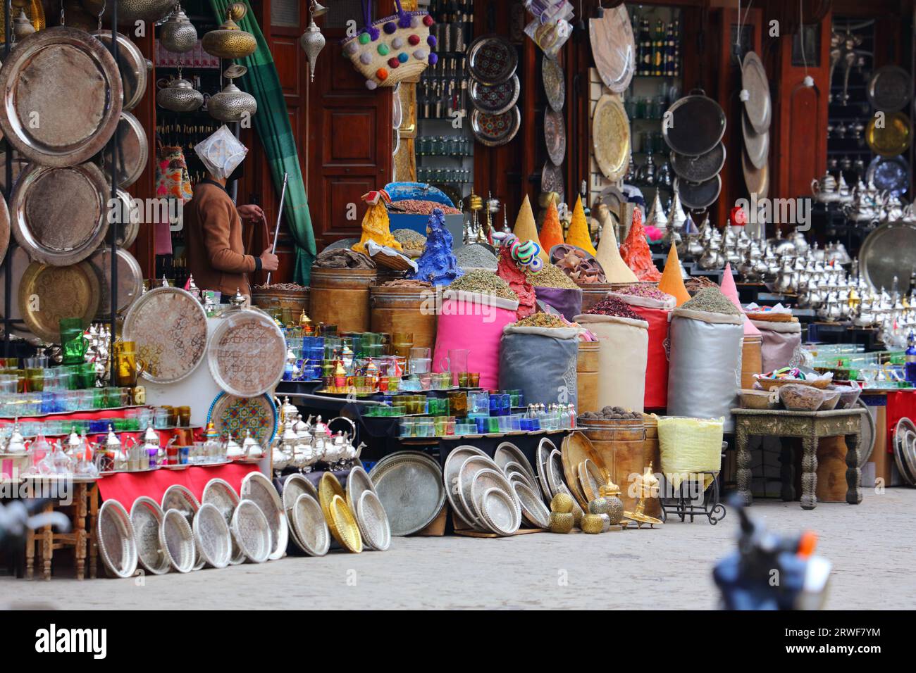 Marrakech street market artisanal products in Morocco. Moroccan handicraft tin goods in the souk