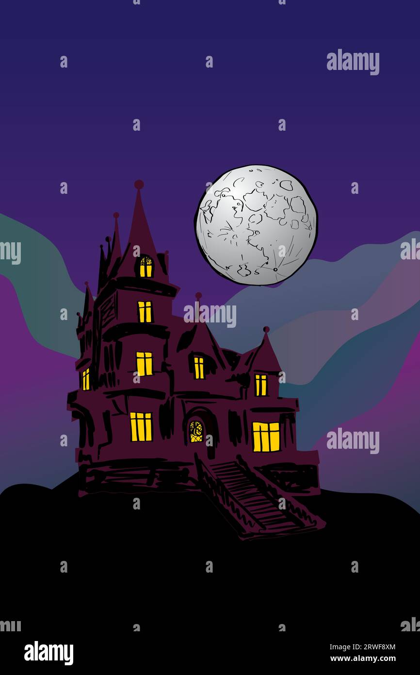A mansion in a mountain landscape during the night with full moon. Hand drawn vector picture. Stock Vector