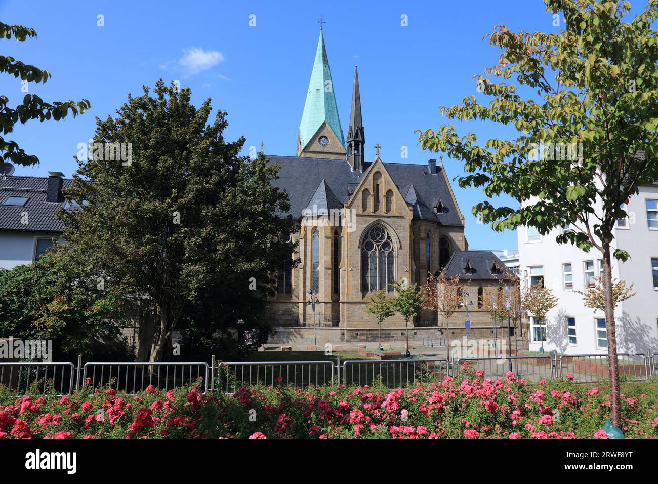 Wattenscheid, district of Bochum city in Germany. Provost church of St. Gertrud von Brabant (Saint Gertrude of Nivelles). Catholic church. Stock Photo