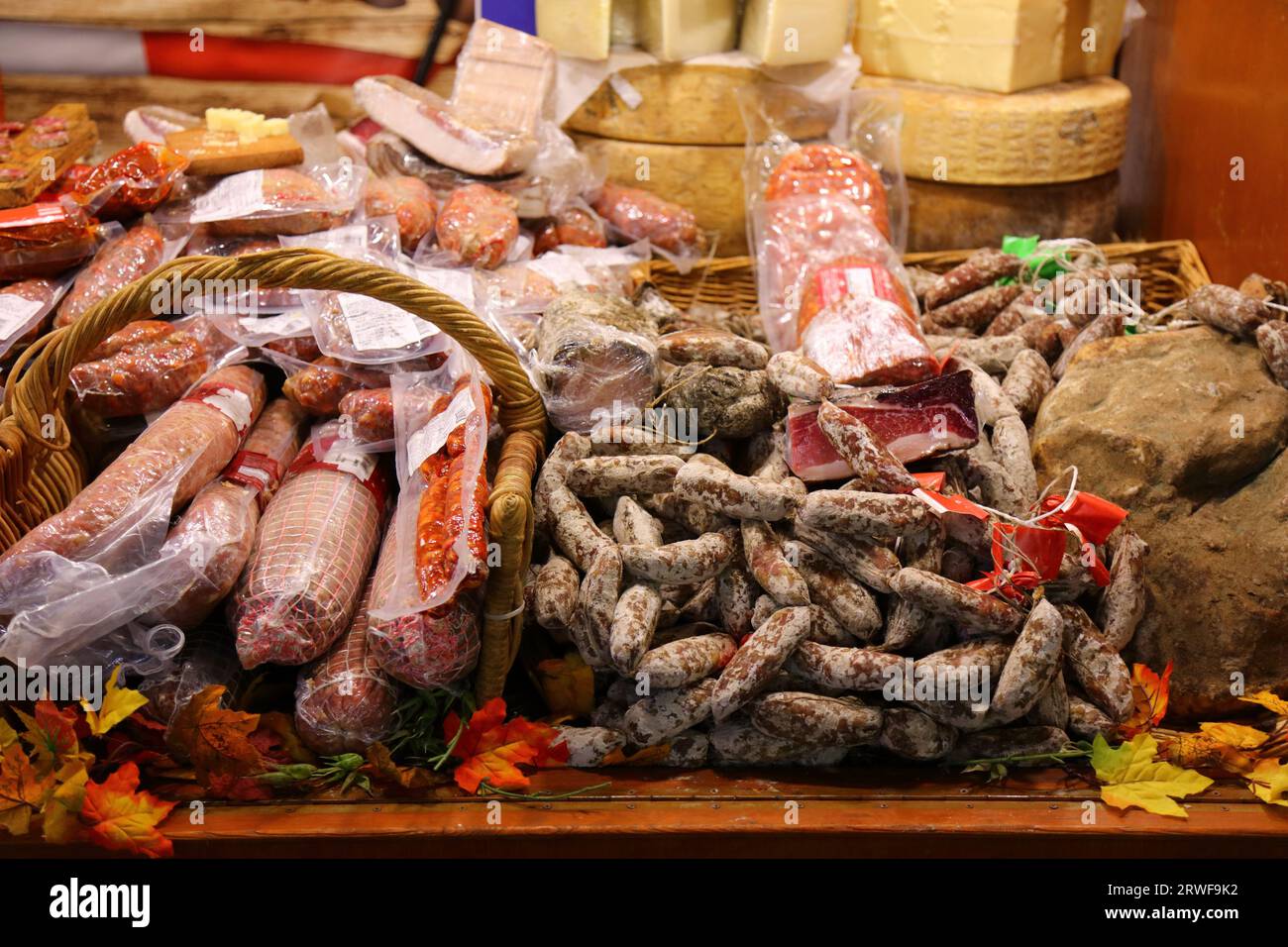 Italian foods: sausages and other cured meats at Christmas market in Katowice, Poland Stock Photo