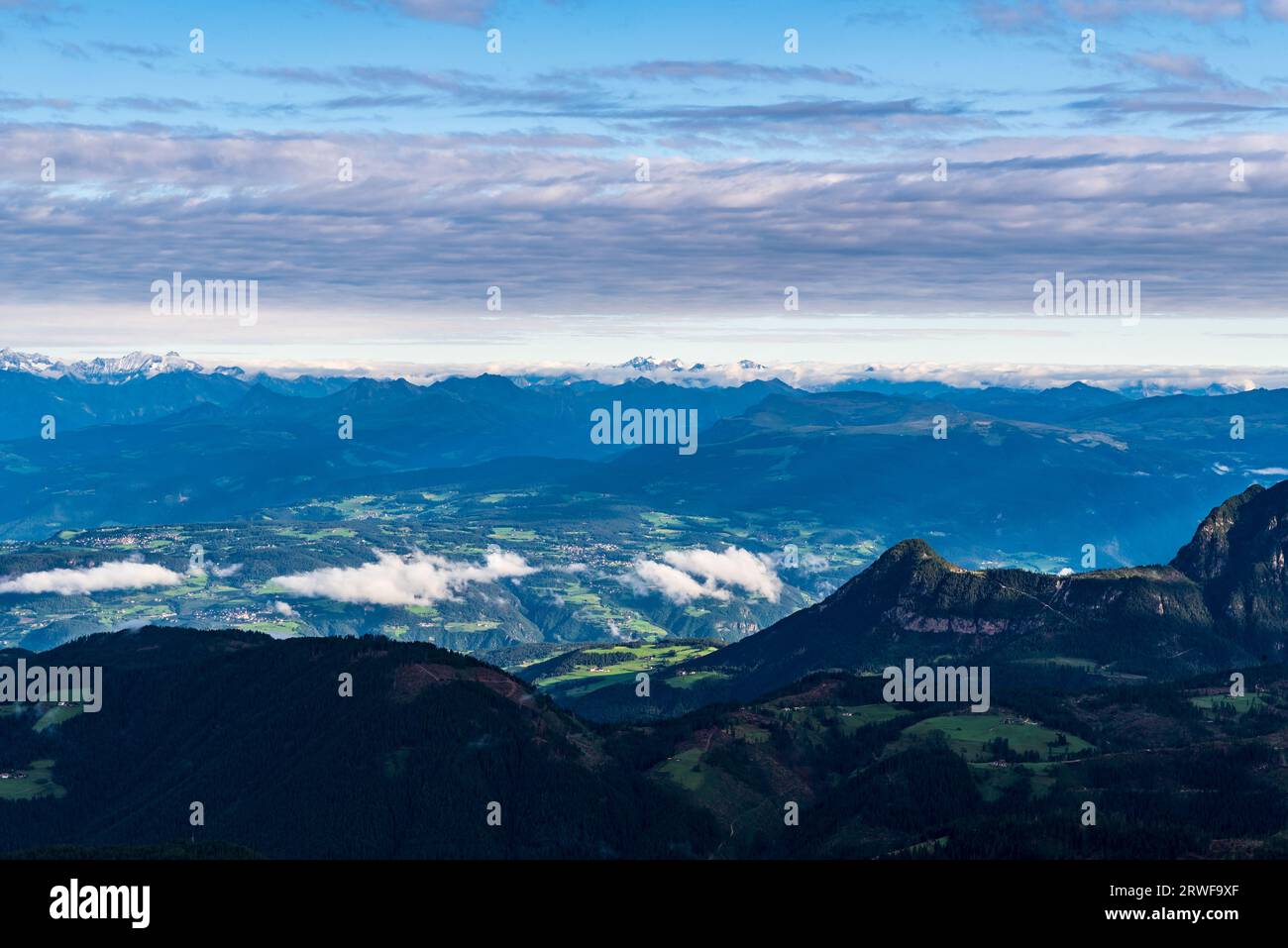 Morning view from Bivacco Mario Rigatti in Latemar mountain group in Dolomites mountains in Italy Stock Photo