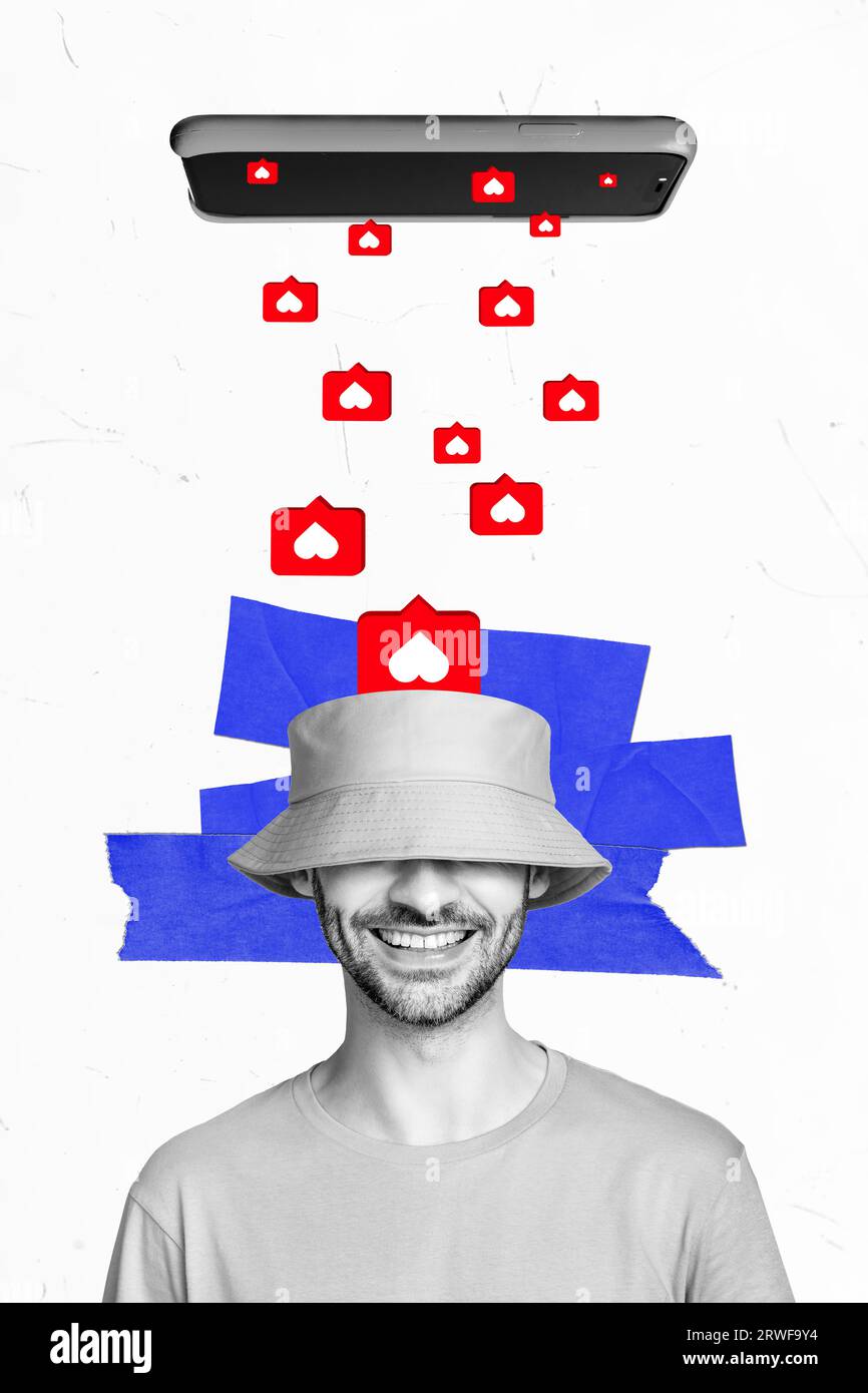 Papular Bloger Collage artwork sketch of young popular blogger stand under huge phone ...