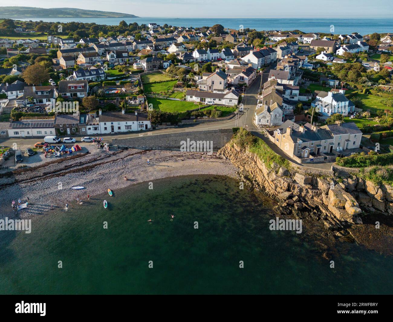 Aerial view of Moelfre Village on the island of Anglesey in north Wales in the United Kingdom. Stock Photo