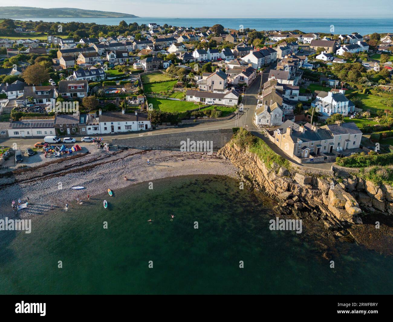 Aerial view of Moelfre Village on the island of Anglesey in north Wales ...