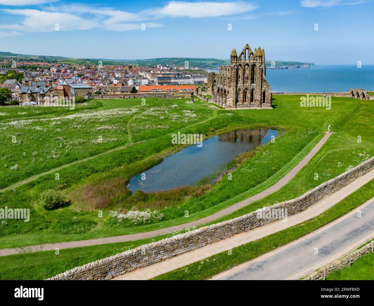 Aerial view of the abbey ruins near the coastal town of Whitby in North Yorkshire, northeast England. Stock Photo