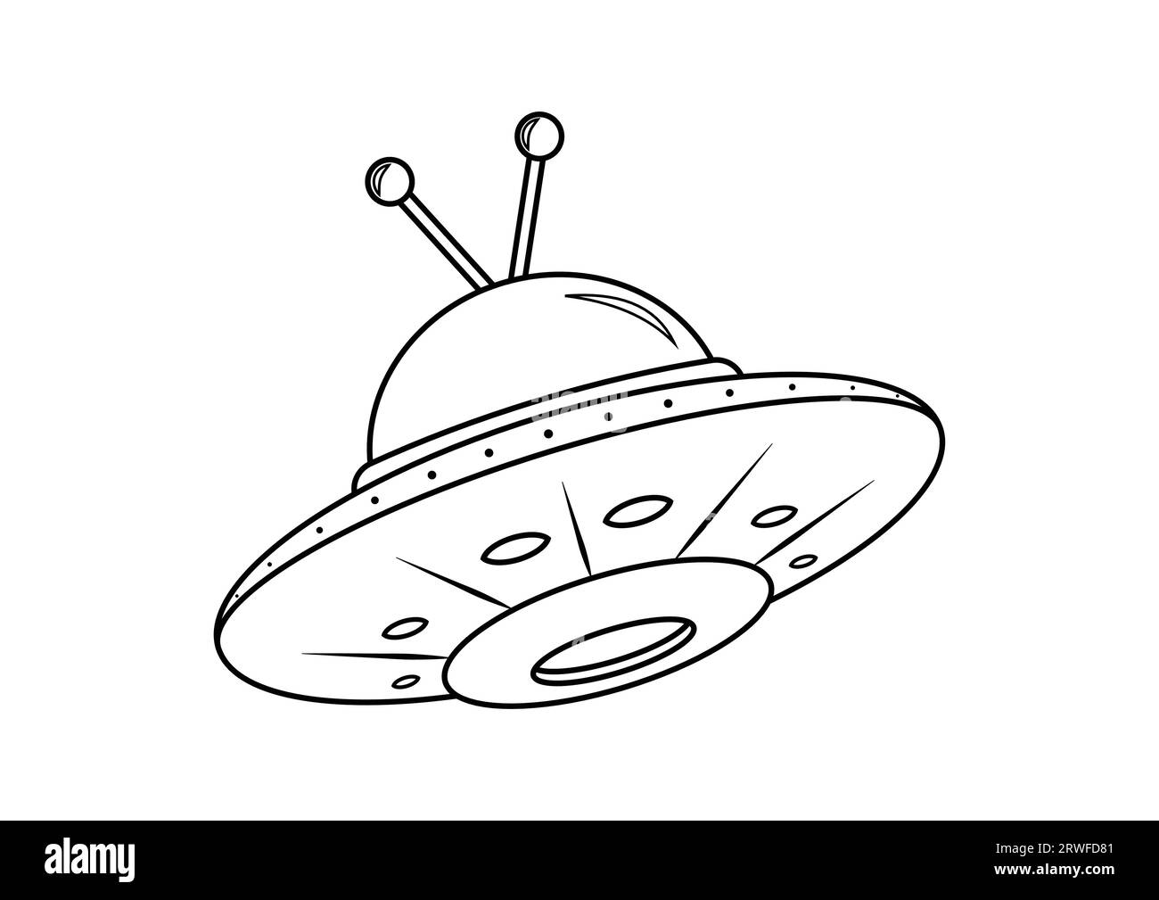Black and White Cartoon Alien Ship Vector. Coloring Page of Alien Ship Stock Vector
