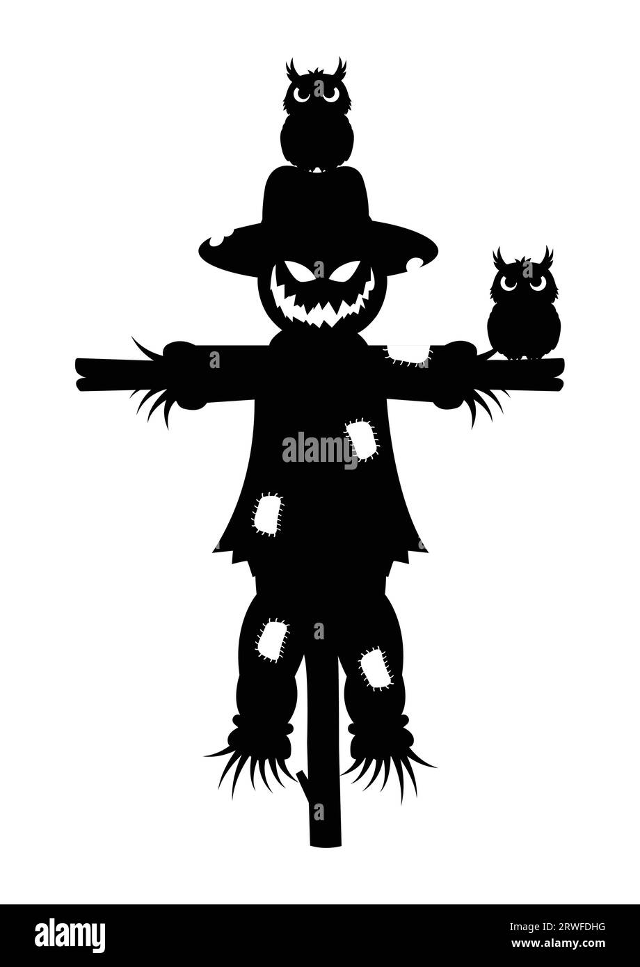 Scary halloween scarecrows with owl silhouette vector illustration Stock Vector