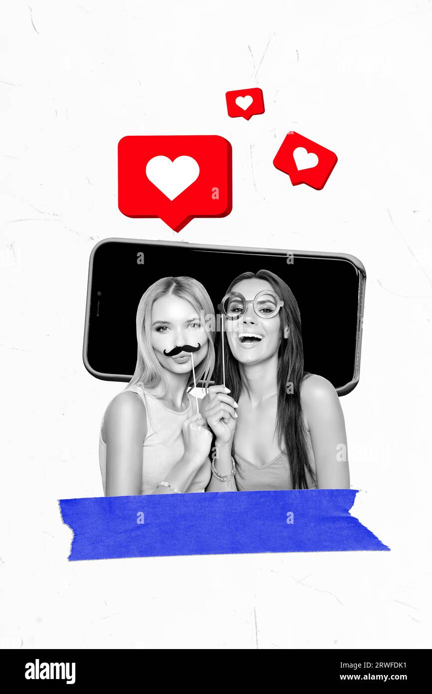 Collage picture of two happy lovely girls have fun celebrate party