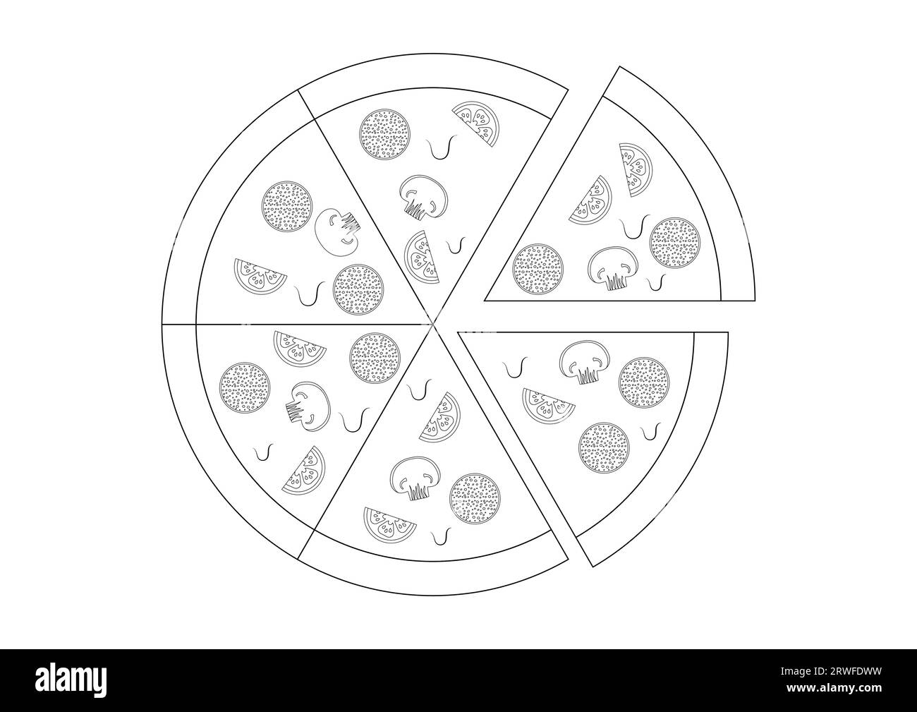 Coloring Page of a Pepperoni Cheese Pizza Flat Design Stock Vector