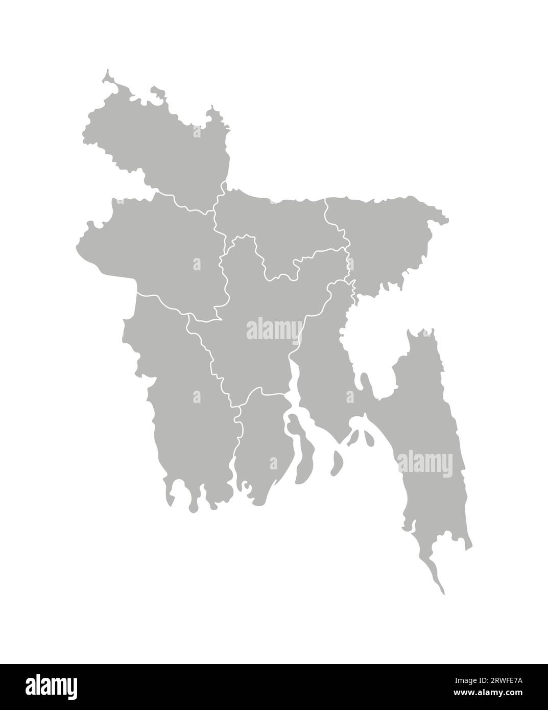 Vector isolated illustration of simplified administrative map of Bangladesh. Borders of the provinces (regions). Grey silhouettes. White outline. Stock Vector