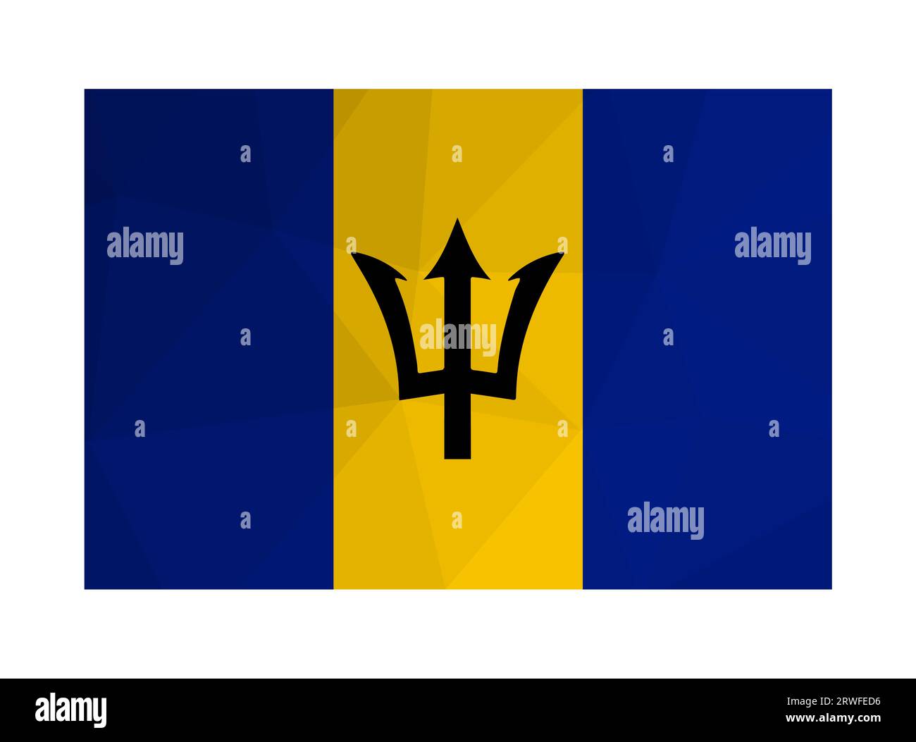 Vector isolated illustration. National barbadian flag with black trident head, blue and yellow stripes. Official symbol of Barbados. Creative design i Stock Vector