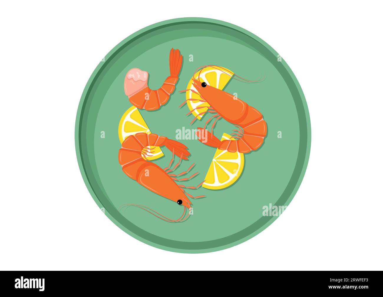 Plate with cooked shrimp and lemon slice vector illustration isolated on white background. Boiled sea food flat design Stock Vector