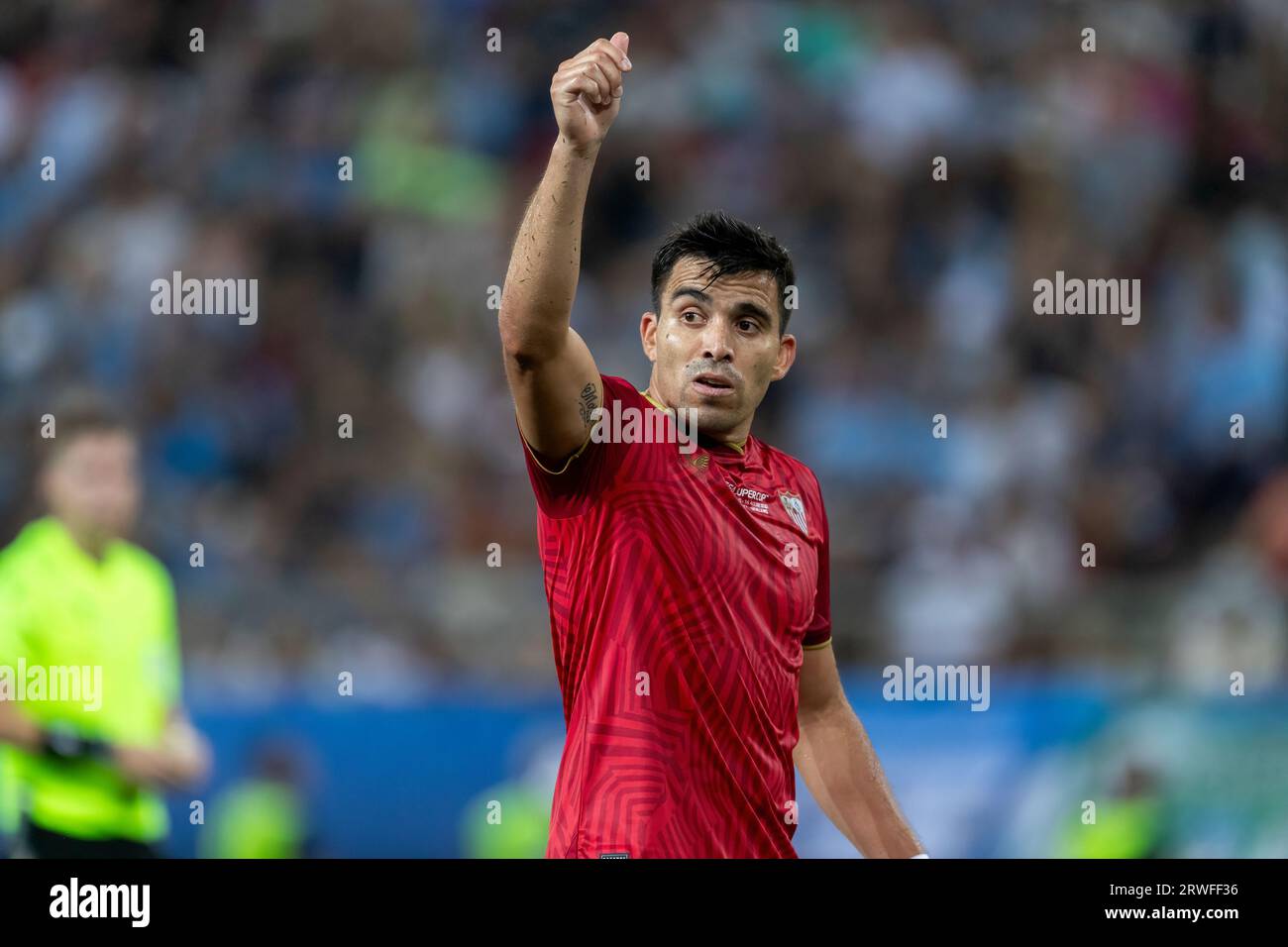 Athens, Greece - August 16,2023: Player of Marcos Acuna in action during the UEFA Super Cup Final match between Manchester City and Sevilla at Stadio Stock Photo