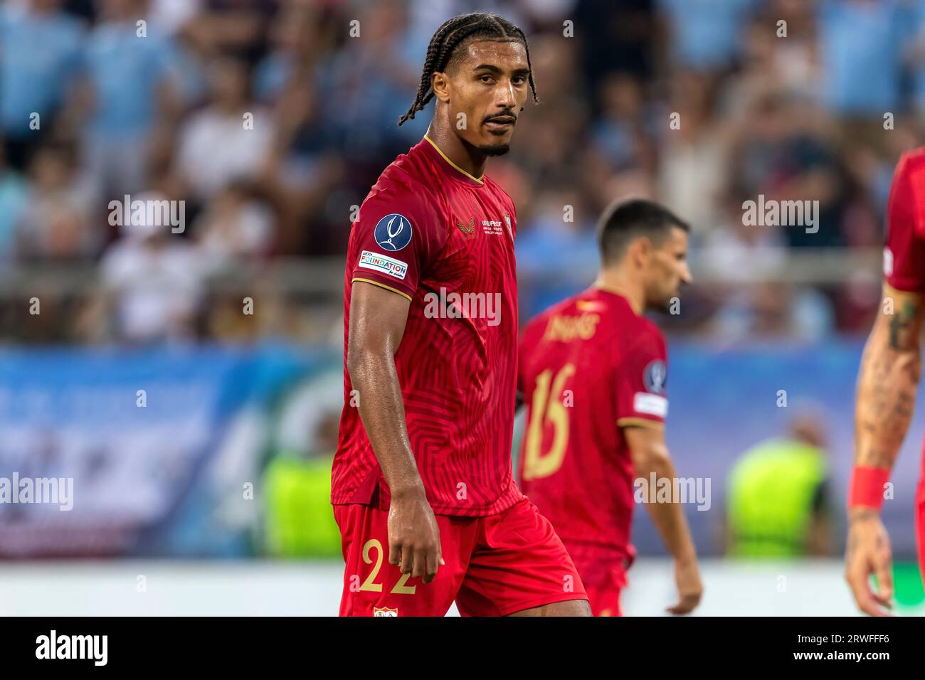 Athens, Greece - August 16,2023: Player of Loic Bade in action during the UEFA Super Cup Final match between Manchester City and Sevilla at Stadio Kar Stock Photo