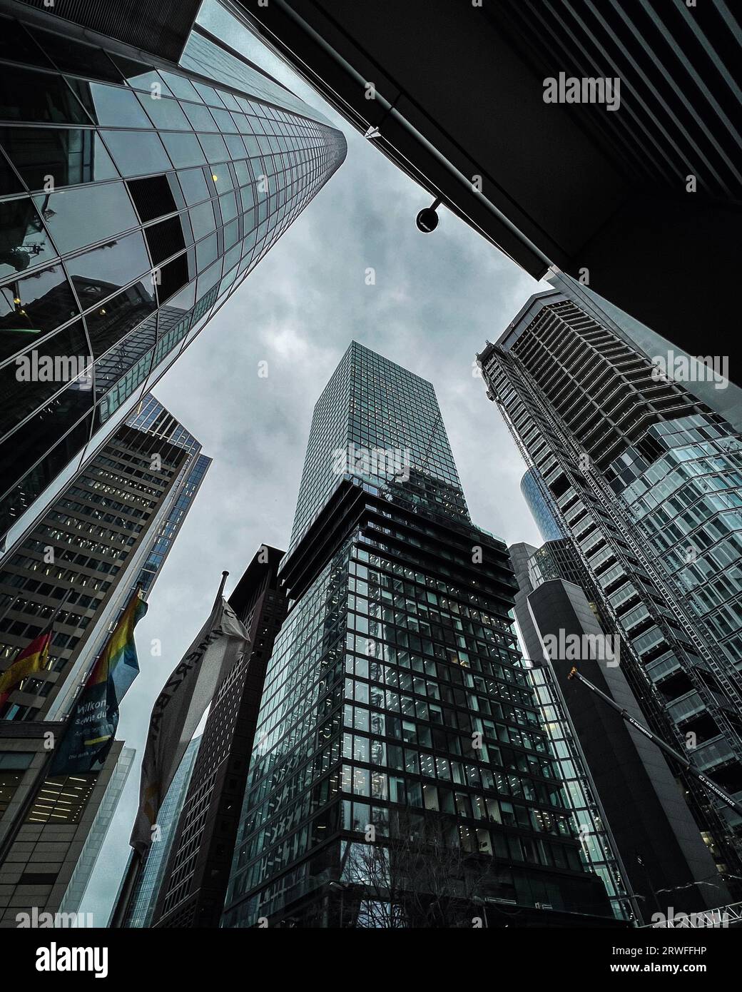 Crazy Perspective on the Skyscrapers of Frankfurt Stock Photo
