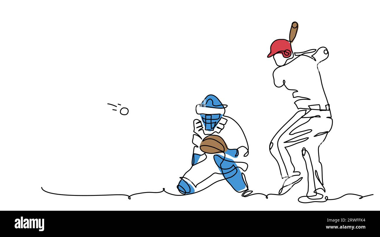 Baseball players catcher and batter man. One continuous line art