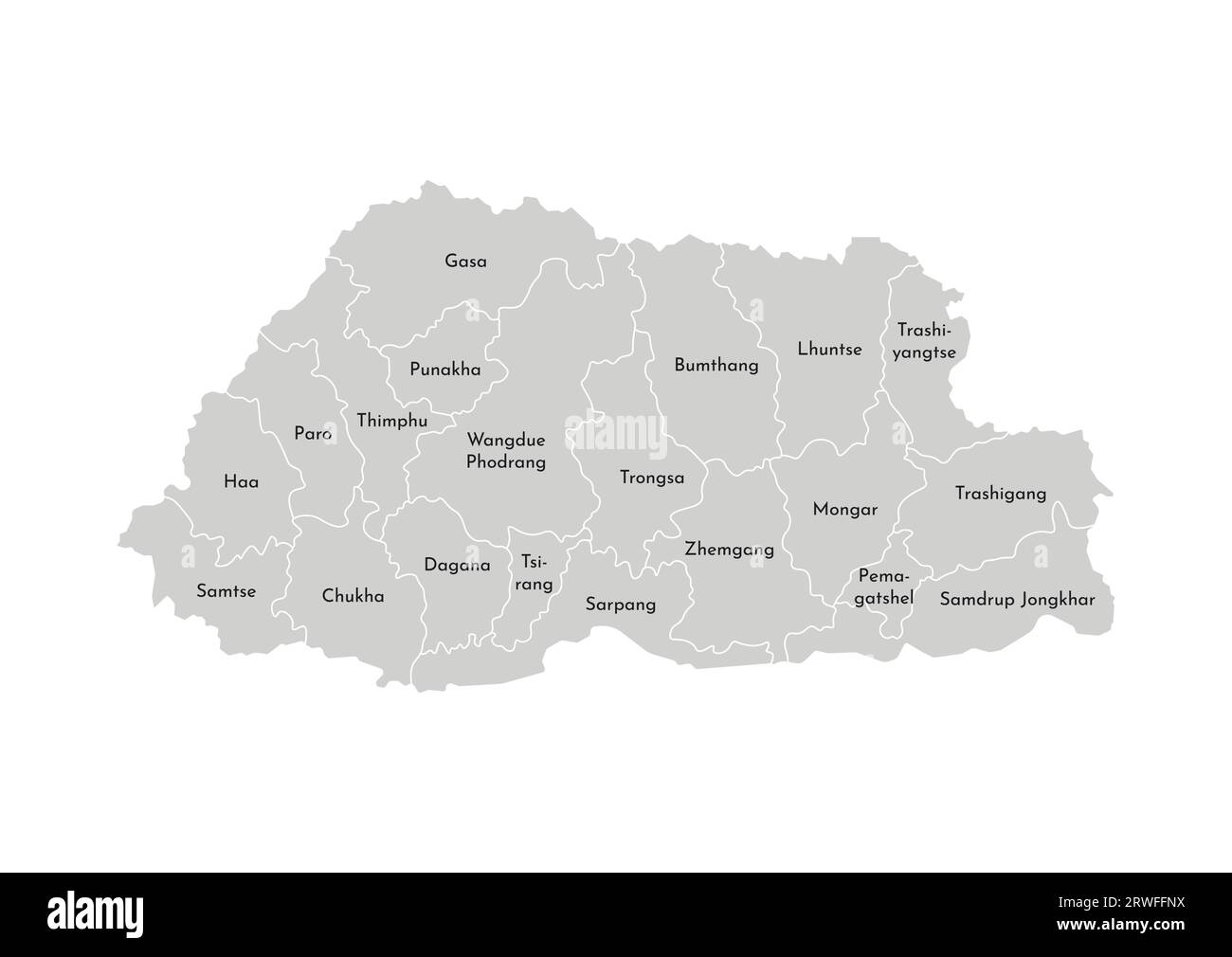 Vector isolated illustration of simplified administrative map of Bhutan. Borders and names of the provinces (regions). Grey silhouettes. White outline Stock Vector