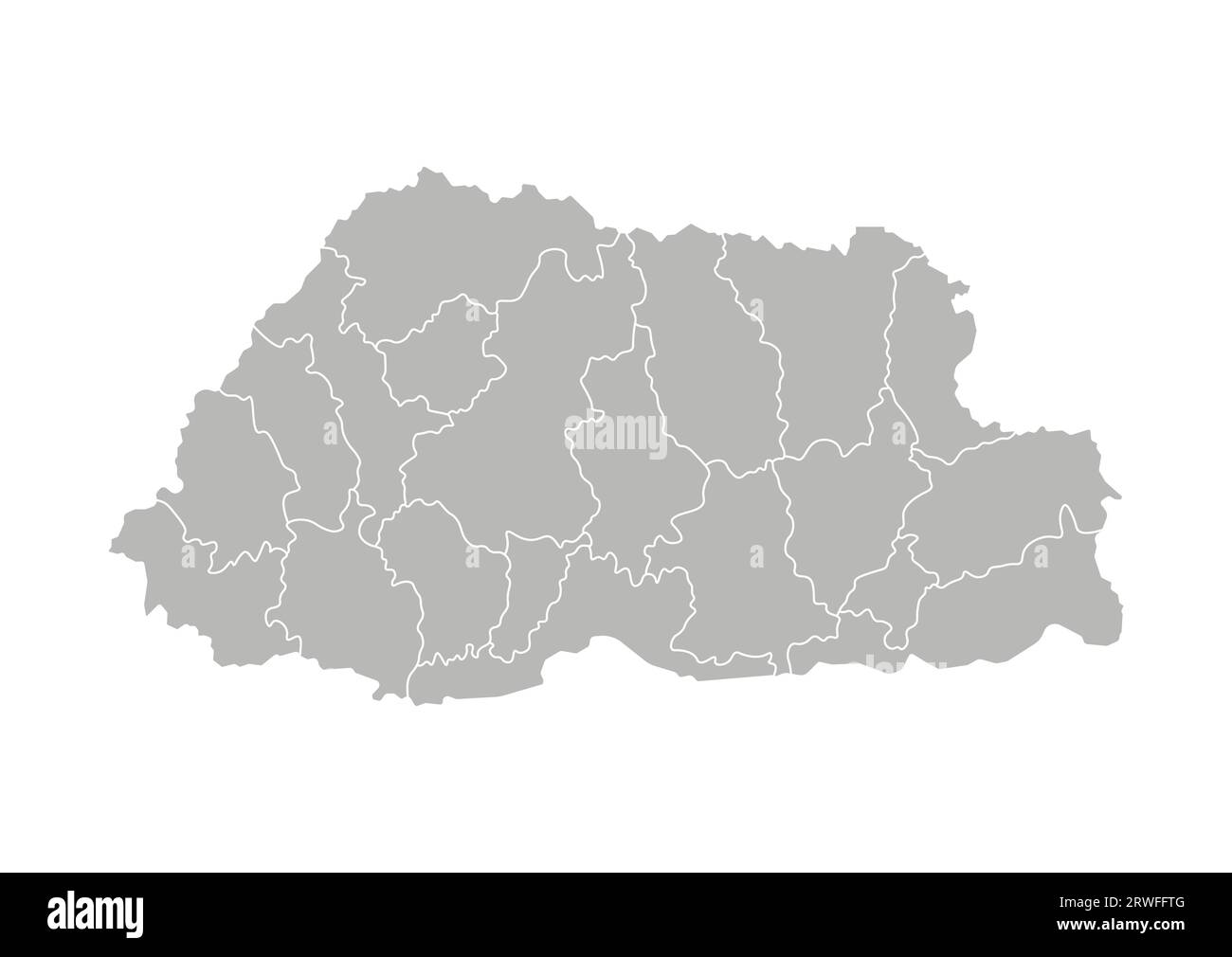 Vector isolated illustration of simplified administrative map of Bhutan. Borders of the provinces (regions). Grey silhouettes. White outline. Stock Vector