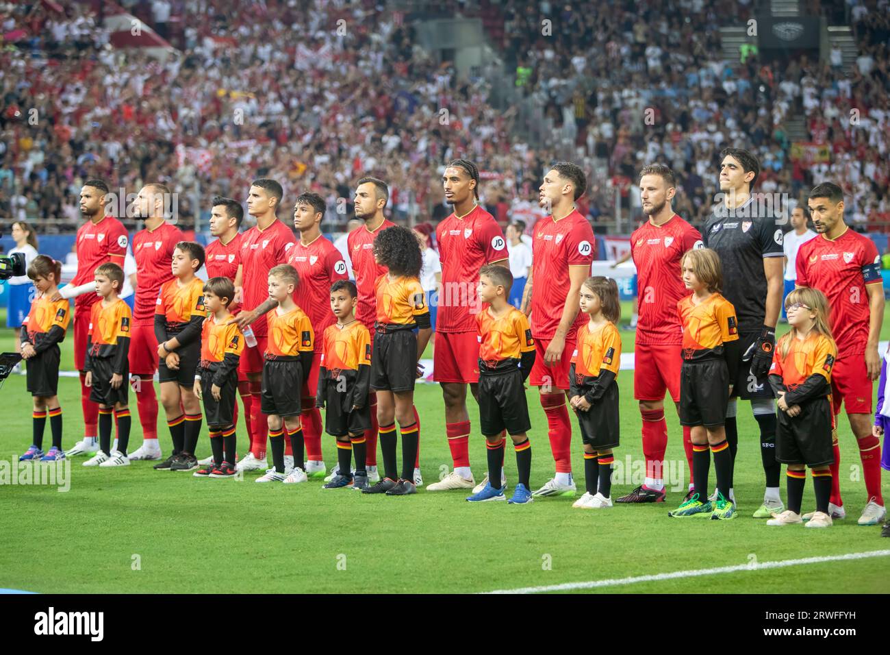 Athens, Greece - August 16,2023: Players of  Sevilla line up during the UEFA Super Cup Final match between Manchester City and Sevilla at Stadio Karai Stock Photo