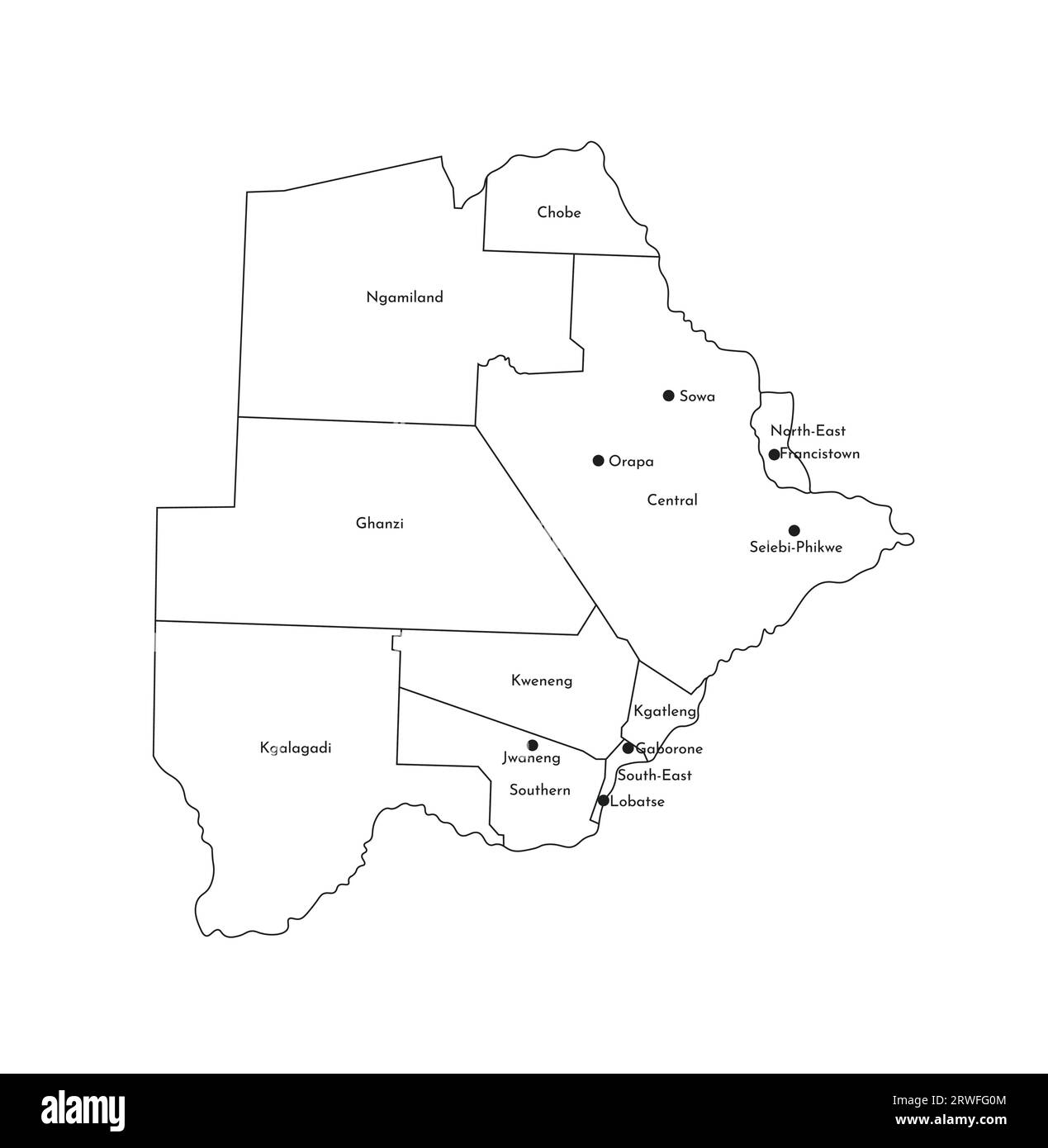 Vector isolated illustration of simplified administrative map of Botswana. ﻿Borders and names of the districts (regions). Black line silhouettes. Stock Vector