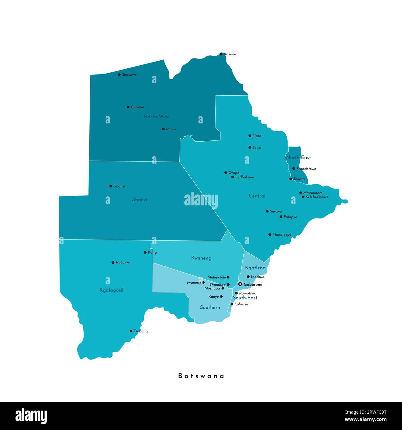 Vector modern isolated illustration. Simplified administrative map of Botswana. Names of big