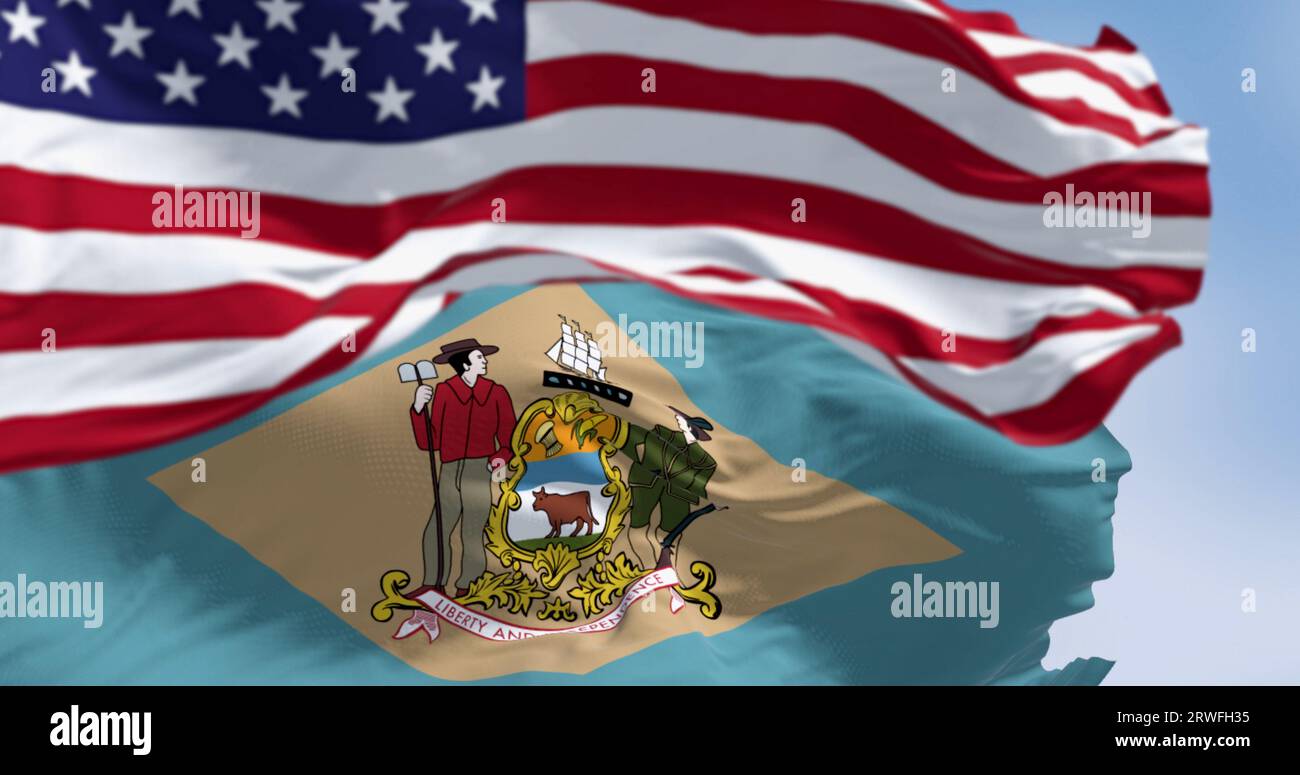 Delaware state flag waving with the national american flag. Yellowish-beige rhombus shape with the state coat of arms on a pale blue background. 3d il Stock Photo