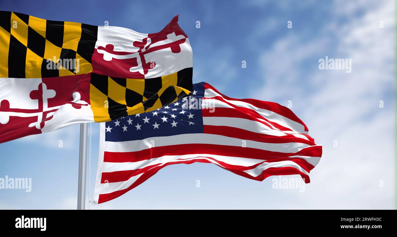 Maryland state flag waving in the wind with the american national flag on a clear day. 3d illustration render. Rippled fabric Stock Photo