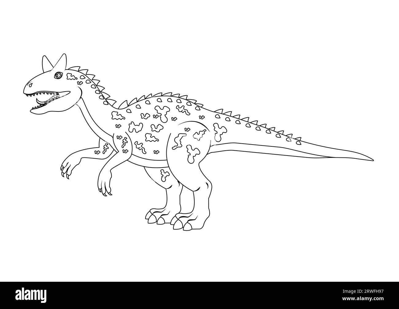 Black and White Carnotaurus Dinosaur Cartoon Character Vector. Coloring Page of a Carnotaurus Dinosaur Stock Vector
