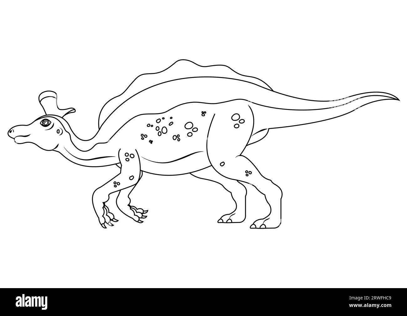 Black and White Lambeosaurus Dinosaur Cartoon Character Vector. Coloring Page of a Lambeosaurus Dinosaur Stock Vector