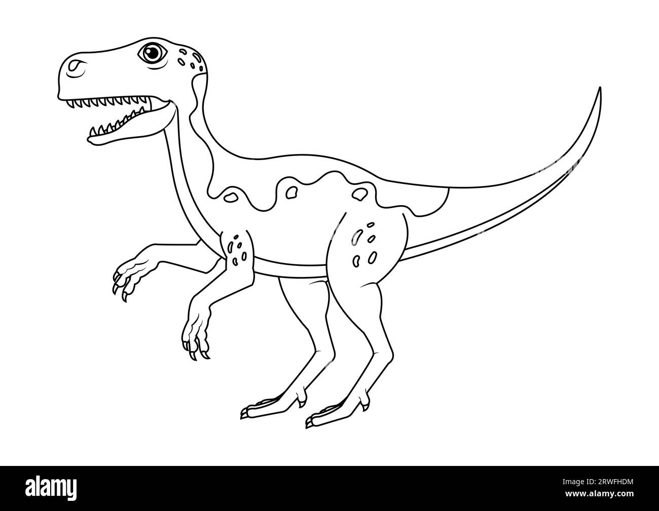 Black and White Raptor Dinosaur Cartoon Character Vector. Coloring Page of a Raptor Dinosaur Stock Vector