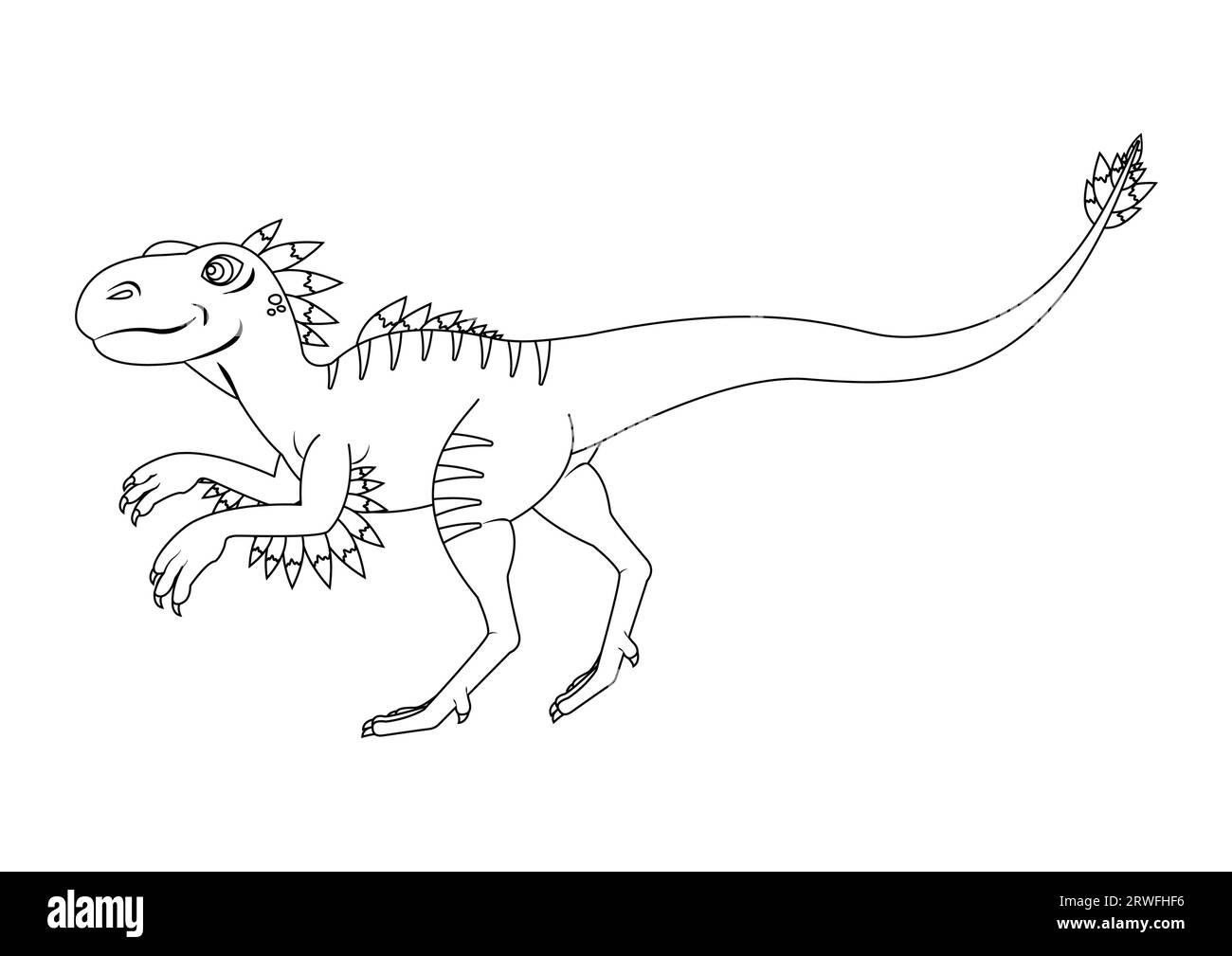 Black and White Velociraptor Dinosaur Cartoon Character Vector. Coloring Page of a Velociraptor Dinosaur Stock Vector