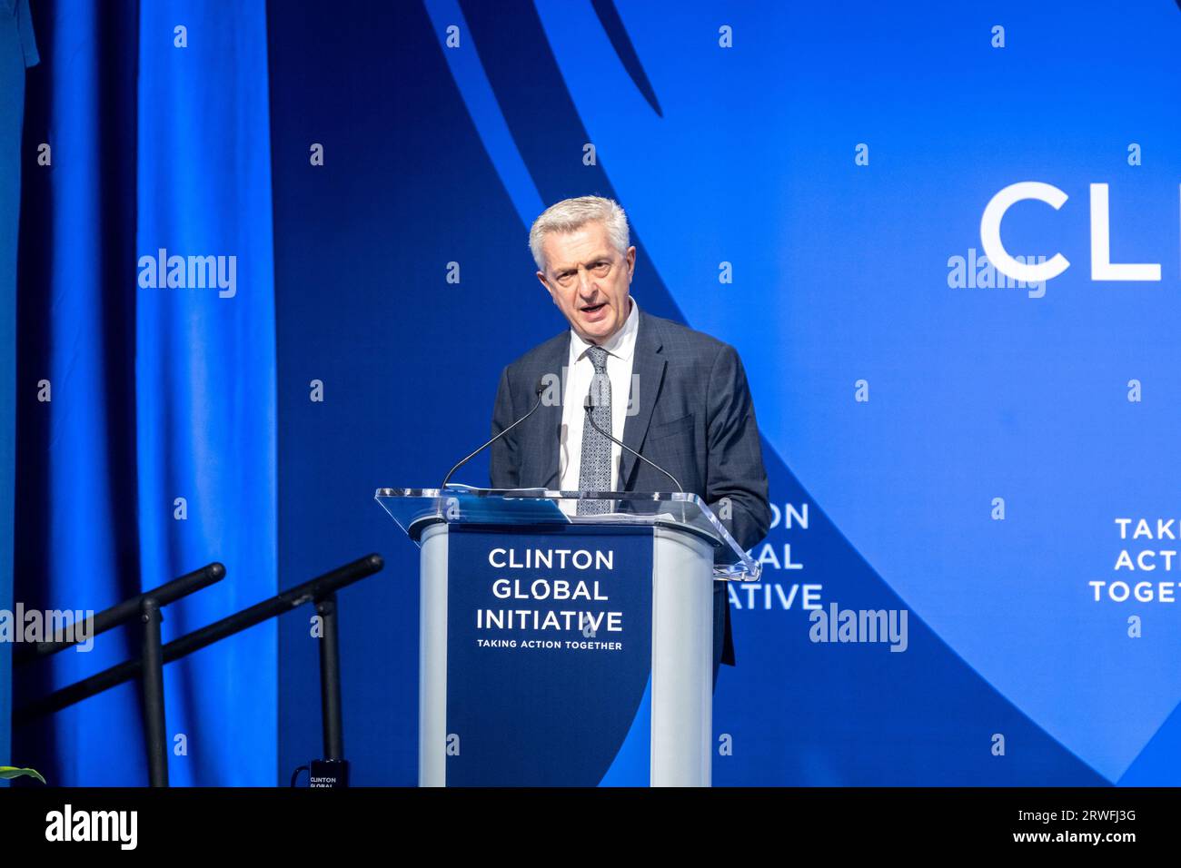 New York, New York, USA. 18th Sep, 2023. (NEW) Clinton Global Initiative 2023 Meeting. September 18, 2023, New York, New York, USA: Filippo Grandi, United Nations High Commissioner for Refugees, speaks during the Clinton Global Initiative (CGI) meeting at the Hilton Midtown on September 18, 2023 in New York City. The 2023 CGI meeting will focus on ways to help address climate change, health care issues, gender-based violence, the war in Ukraine and other issues. The two day event welcomes leaders in politics, business and philanthropy to work on potential solutions to global issu Stock Photo