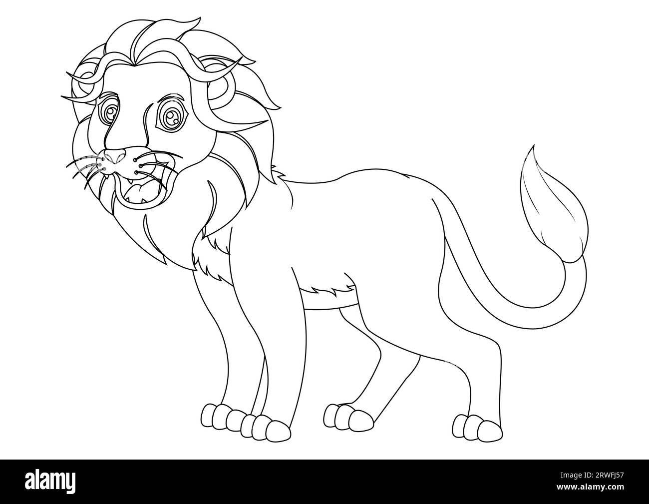 Black and white lion cartoon character vector illustration. Coloring page of cartoon lion Stock Vector