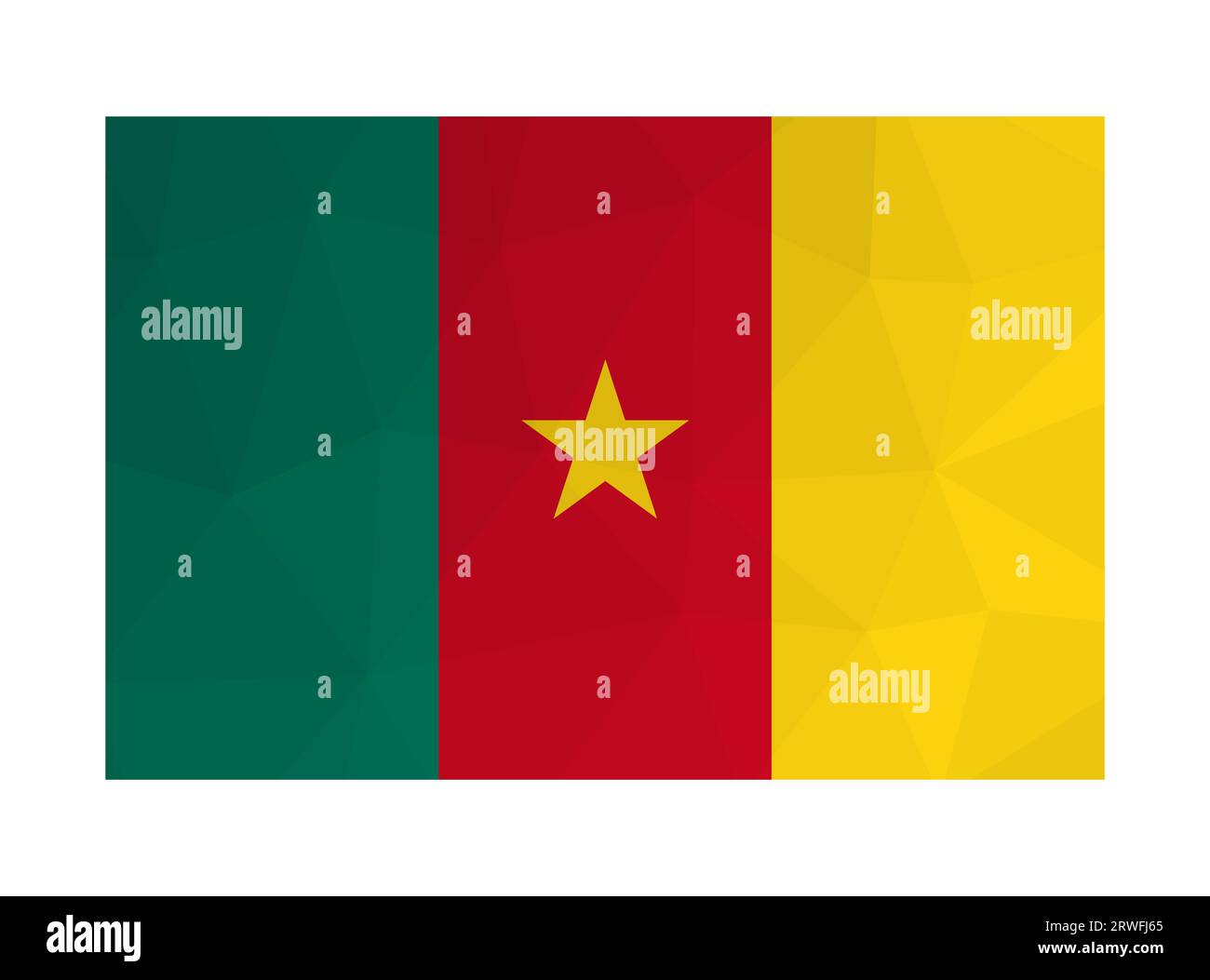 Vector isolated illustration. National tricolor flag with bands of green, red, yellow and star. Official symbol of Cameroon. Creative design in low po Stock Vector