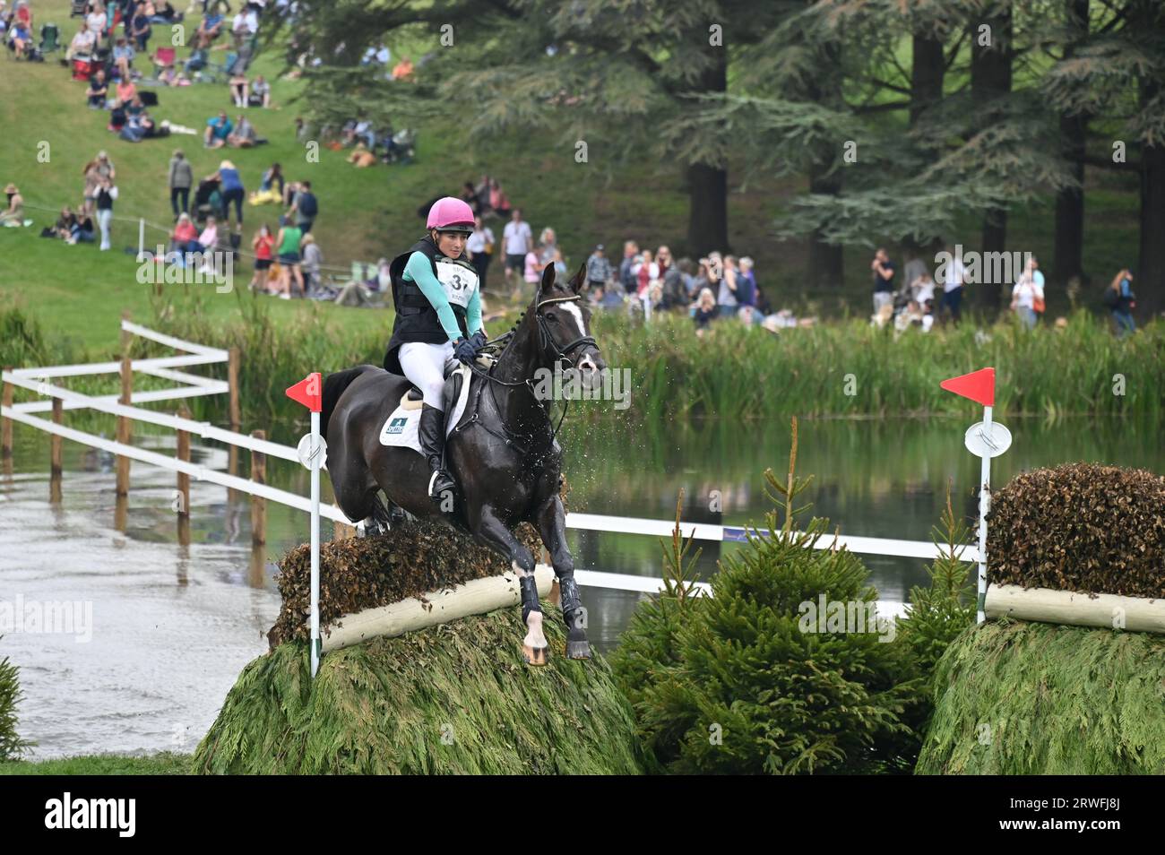 Jess Rimmer on Isaac Newton, cross country phase of the CCI-L 4* competition Blenheim Palace International Horse Trials 2023, Woodstock , Oxfordshire Stock Photo