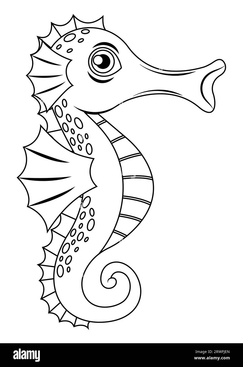 Black and white seahorse cartoon character vector. Coloring page of cartoon seahorse Stock Vector