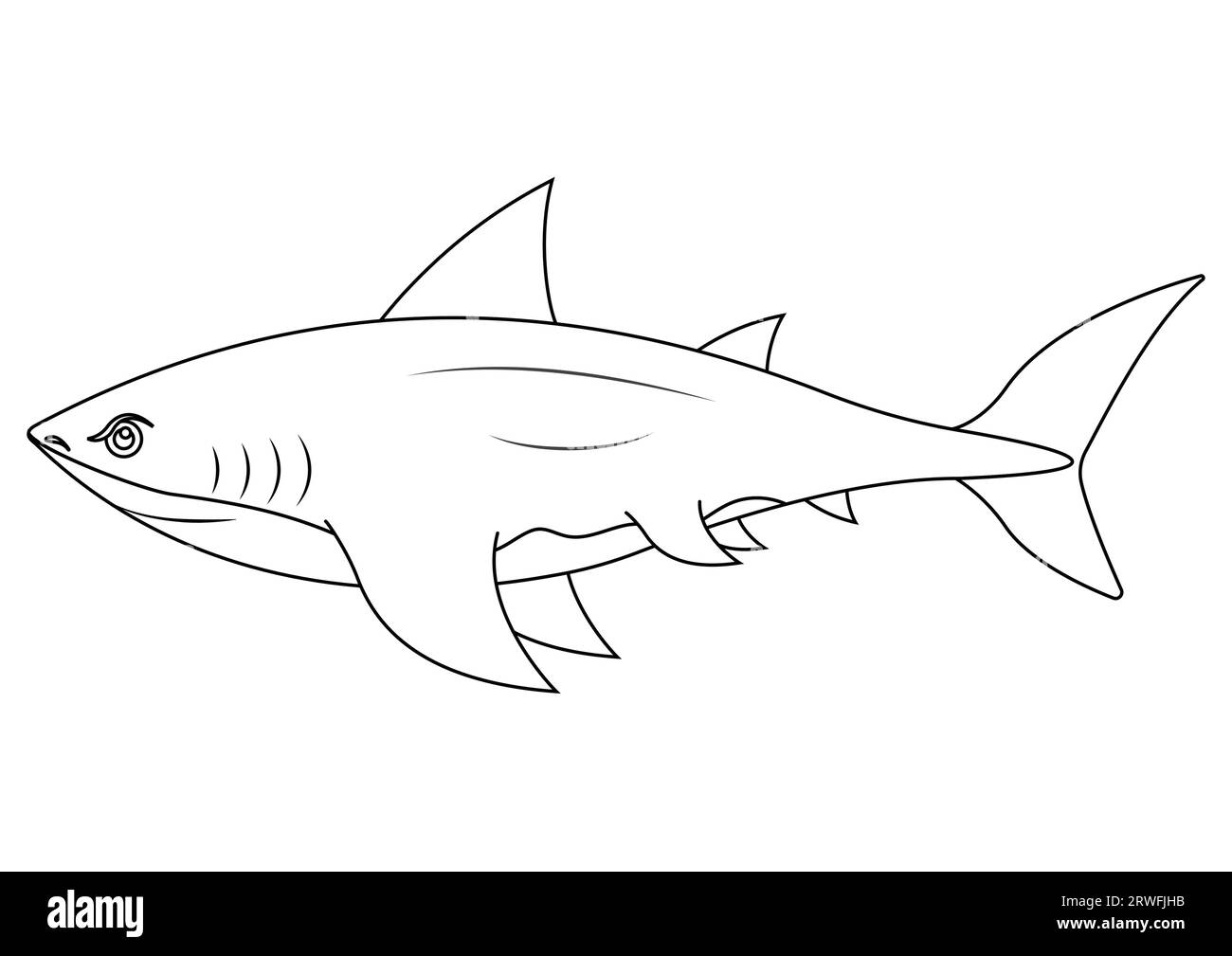 Black and white shark cartoon character vector. Coloring page of cartoon shark Stock Vector