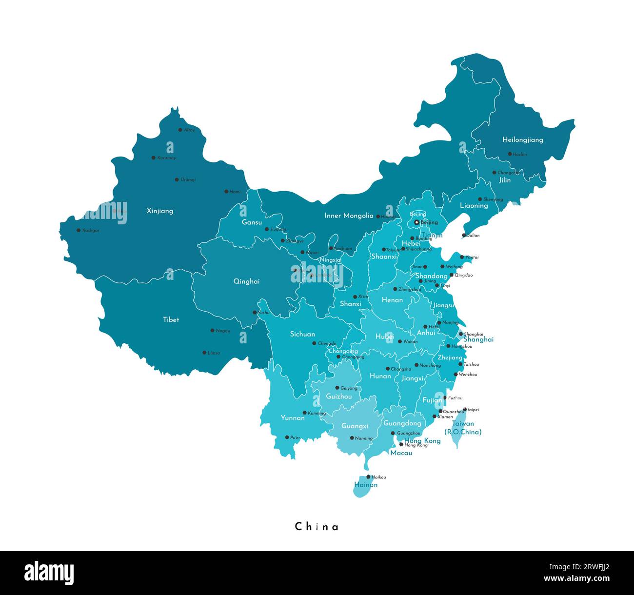 Vector modern illustration. Simplified isolated administrative map of China (PRC). White