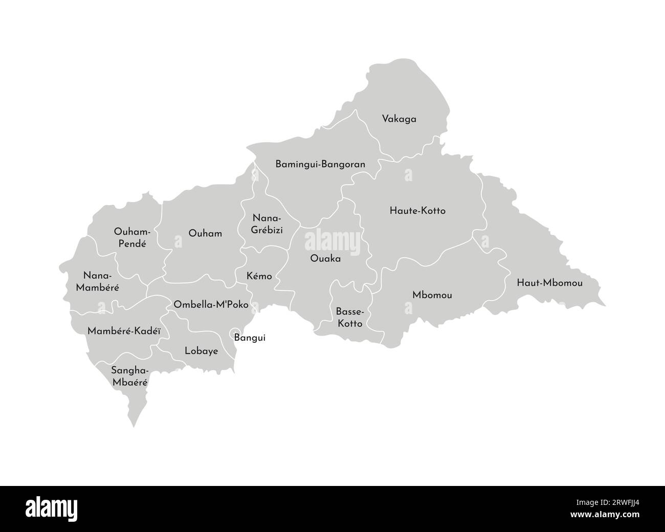 Vector isolated illustration of simplified administrative map of Central African Republic (CAR). Borders and names of the provinces (regions). Grey si Stock Vector