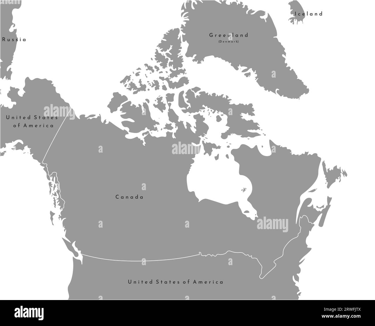 Vector modern illustration. Simplified grey geographical  isolated map of Canada and nearest areas. White background of seas and oceans Stock Vector