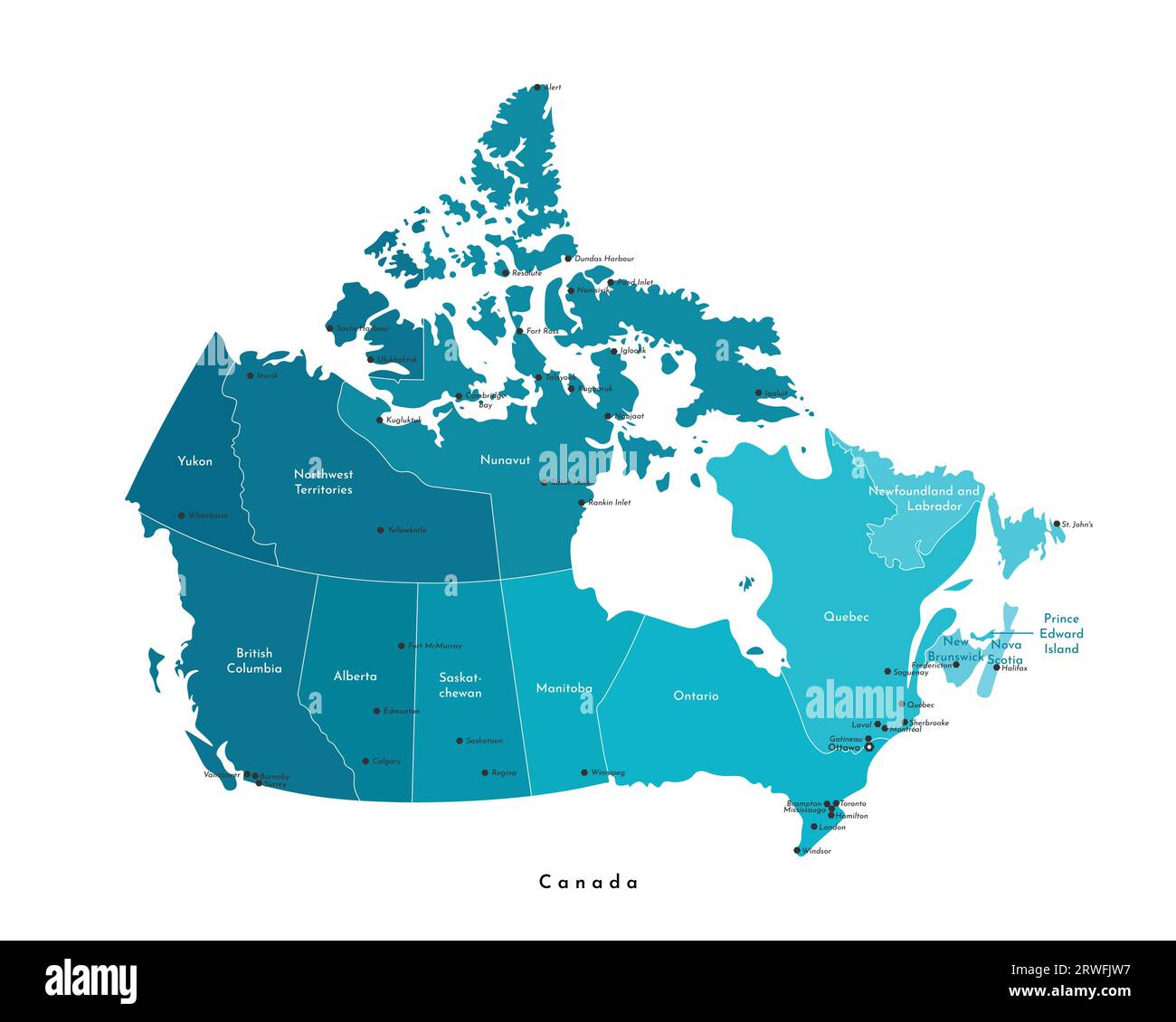 Vector modern illustration. Simplified isolated administrative map of Canada in blue colors. White background and outline. Names of the cities (Ottawa Stock Vector