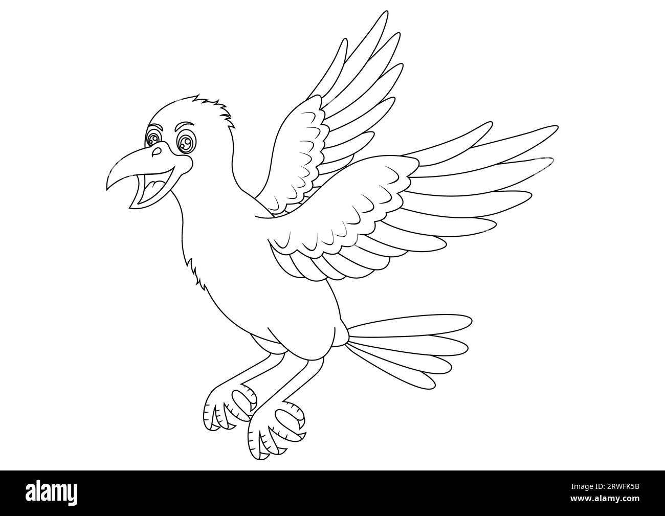 Black and white flying crow cartoon character vector illustration. Coloring page of flying crow Stock Vector