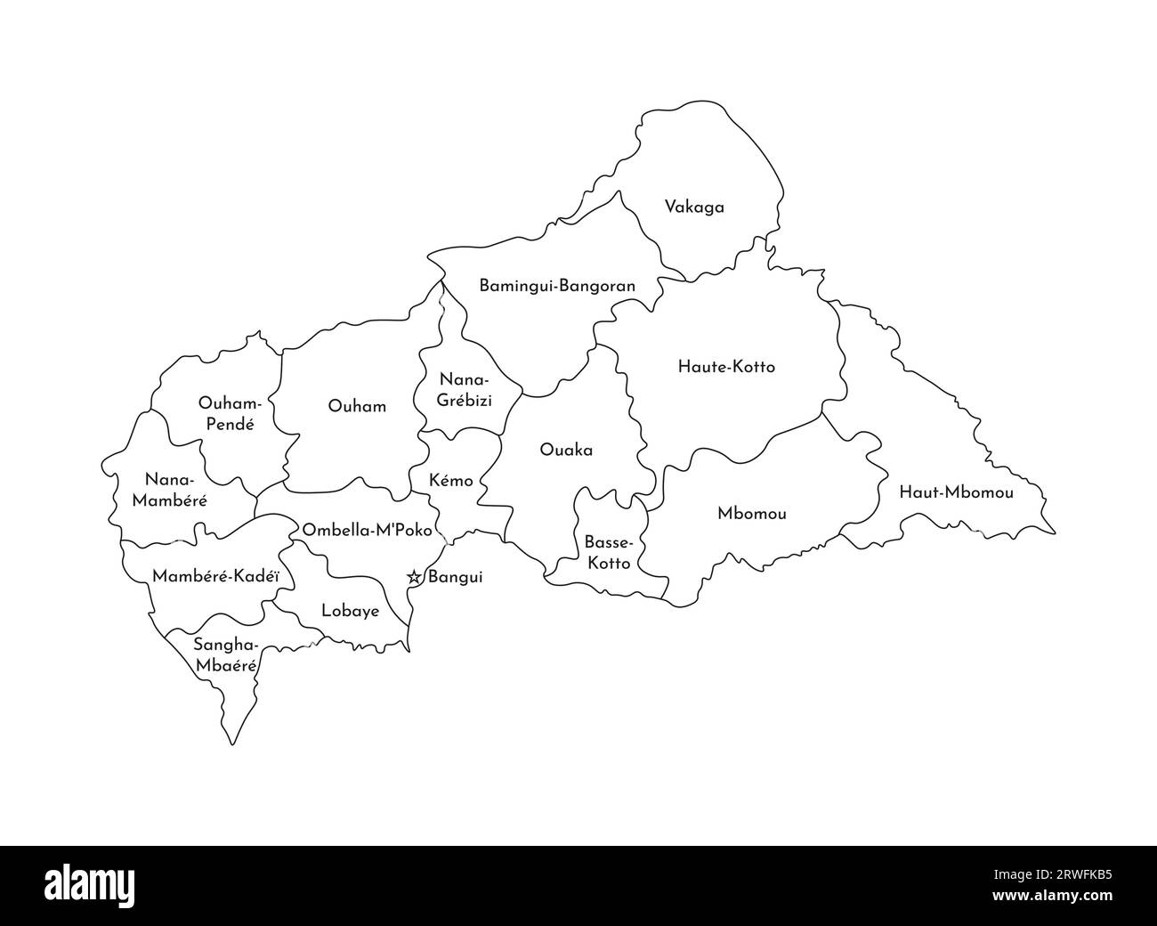Vector isolated illustration of simplified administrative map of Central African Republic (CAR). Borders and names of the regions. Black line silhouet Stock Vector