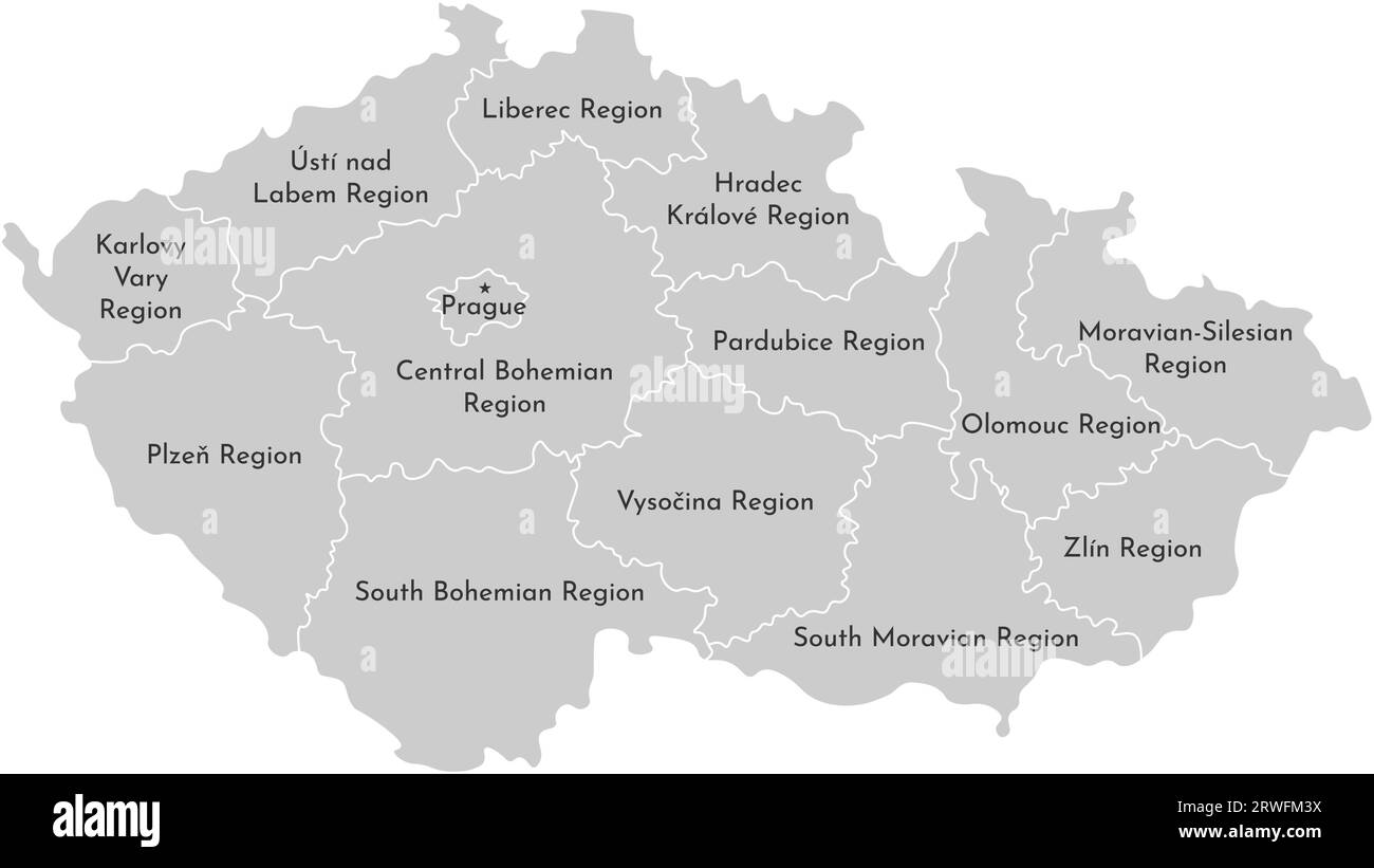 Vector isolated illustration of simplified administrative map of Czech Republic. Borders and names of the regions. Grey silhouettes, white outline Stock Vector