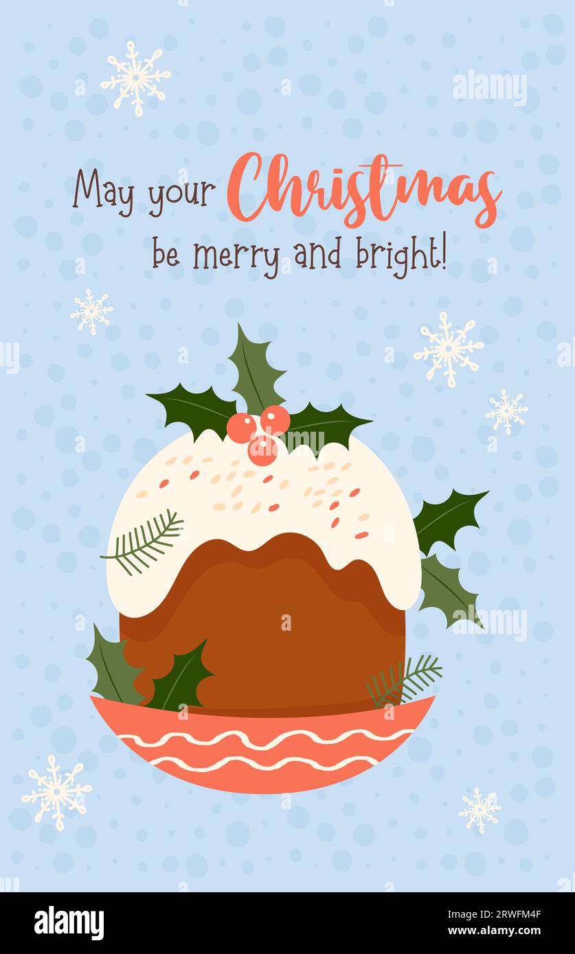New year card. Christmas cake on blue background with snowflakes. Vector vertical illustration. Traditional holiday food Stock Vector