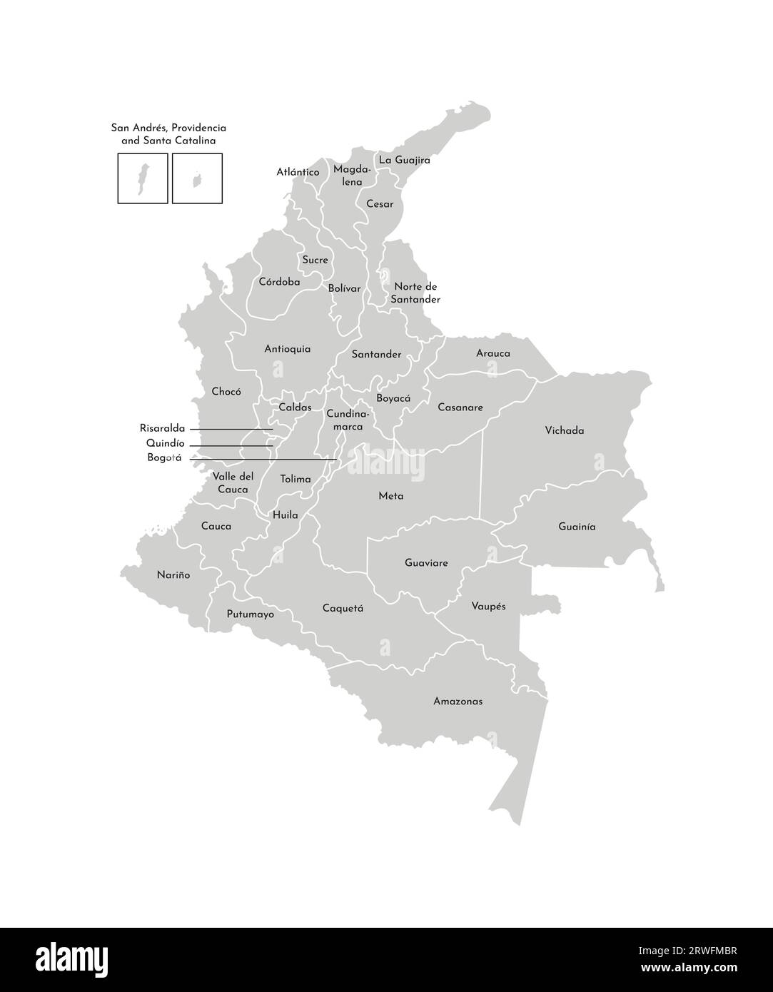 Vector isolated illustration of simplified administrative map of Colombia. Borders and names of the departments (regions). Grey silhouettes. White out Stock Vector