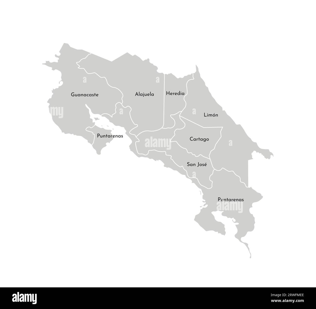 Vector isolated illustration of simplified administrative map of Costa Rica. Borders and names of the provinces (regions). Grey silhouettes. White out Stock Vector