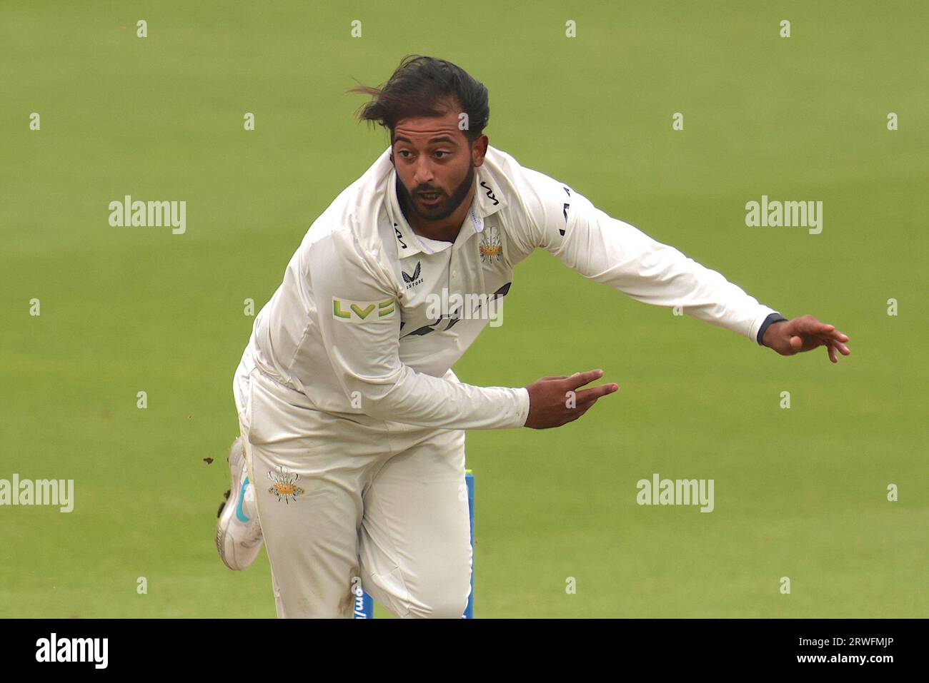 London, UK. 19th Sep, 2023. Surrey's Ryan Patel bowling as Surrey take on Northamptonshire in the County Championship at the Kia Oval, day one. Credit: David Rowe/Alamy Live News Stock Photo