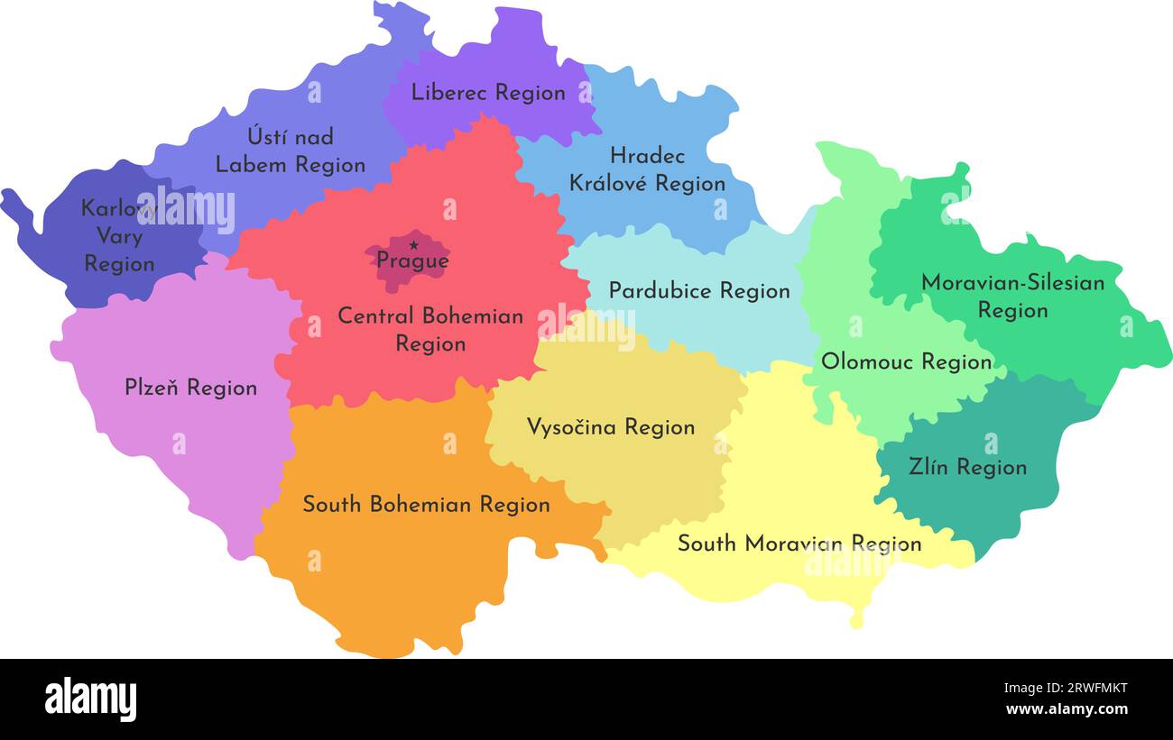 Vector isolated illustration of simplified administrative map of Czech Republic. Borders and names of the regions. Multi colored silhouettes Stock Vector