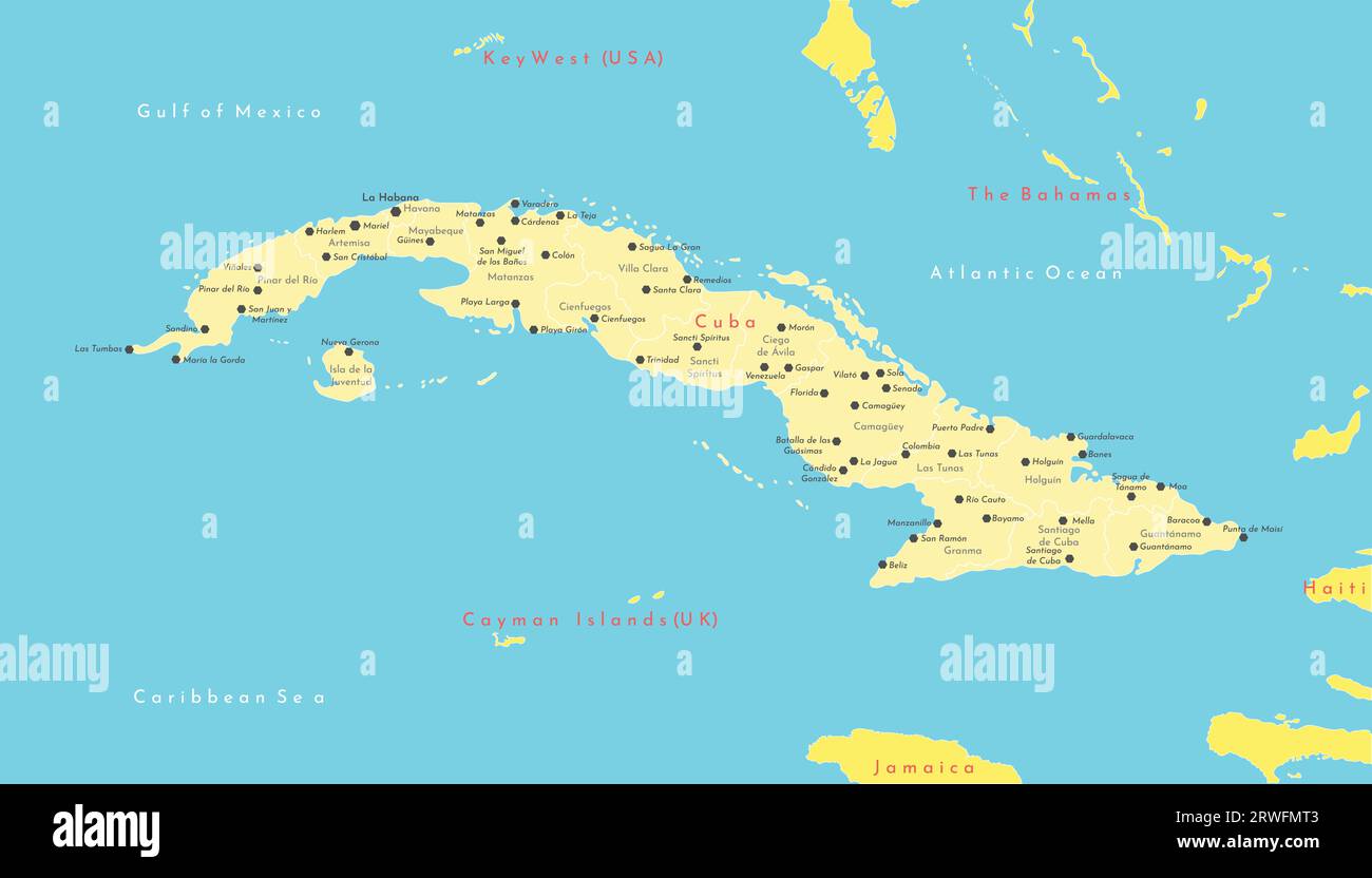 Vector illustration. Simplified geographical  map of Cuba and Bahamas, Haiti, Jamaica, Cayman islands. Blue background of Gulf of Mexico, Caribbean se Stock Vector